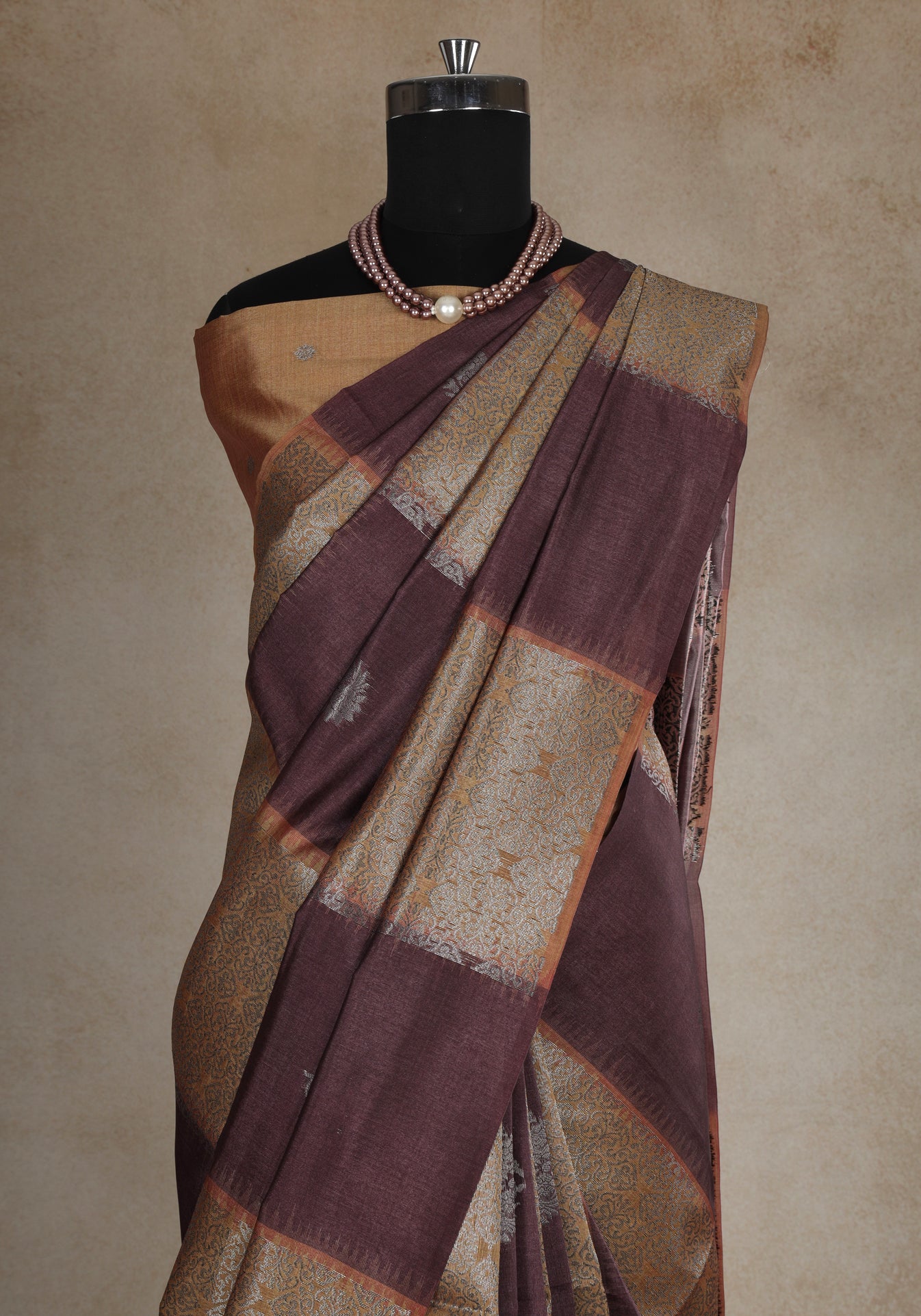 Tussar Silk Saree Striped Maroon Antique Gold