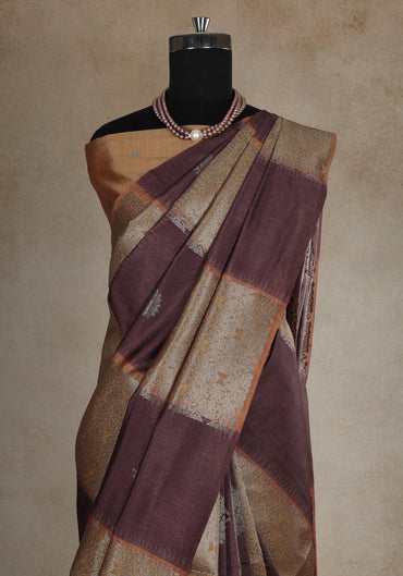 Tussar Silk Saree Striped Maroon Antique Gold