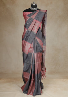 Tussar Silk Saree Striped Charcoal Grey Rose Gold