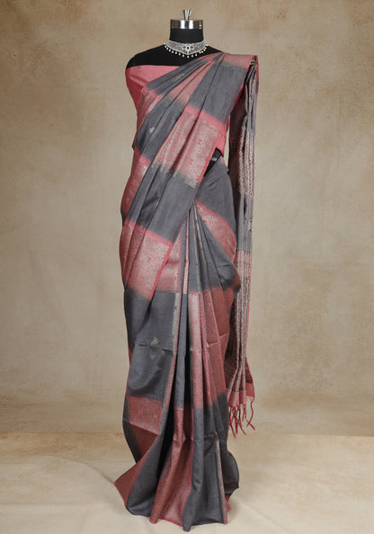 Tussar Silk Saree Striped Charcoal Grey Rose Gold