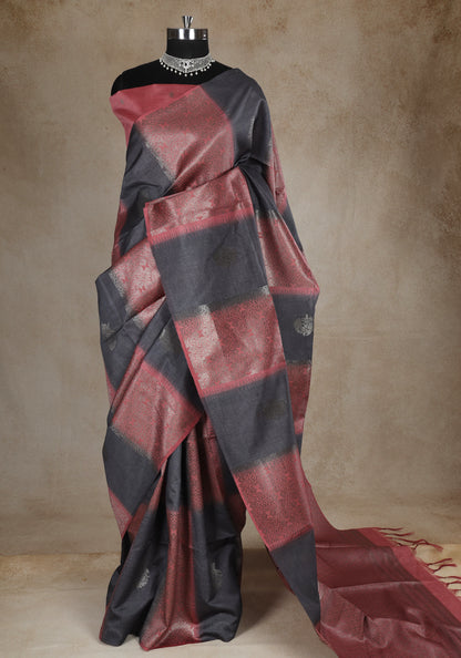 Tussar Silk Saree Striped Charcoal Grey Rose Gold