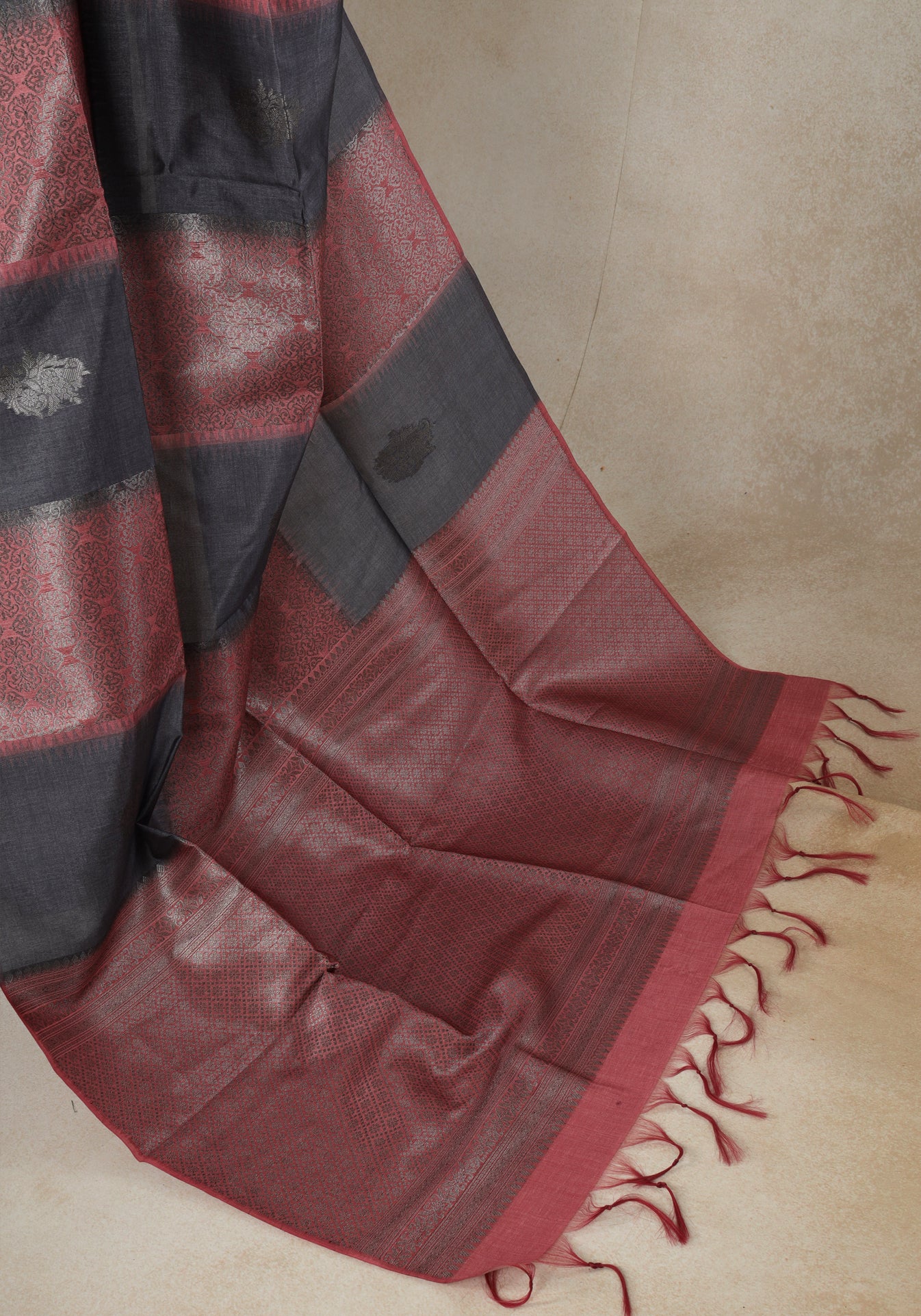 Tussar Silk Saree Striped Charcoal Grey Rose Gold