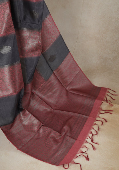 Tussar Silk Saree Striped Charcoal Grey Rose Gold