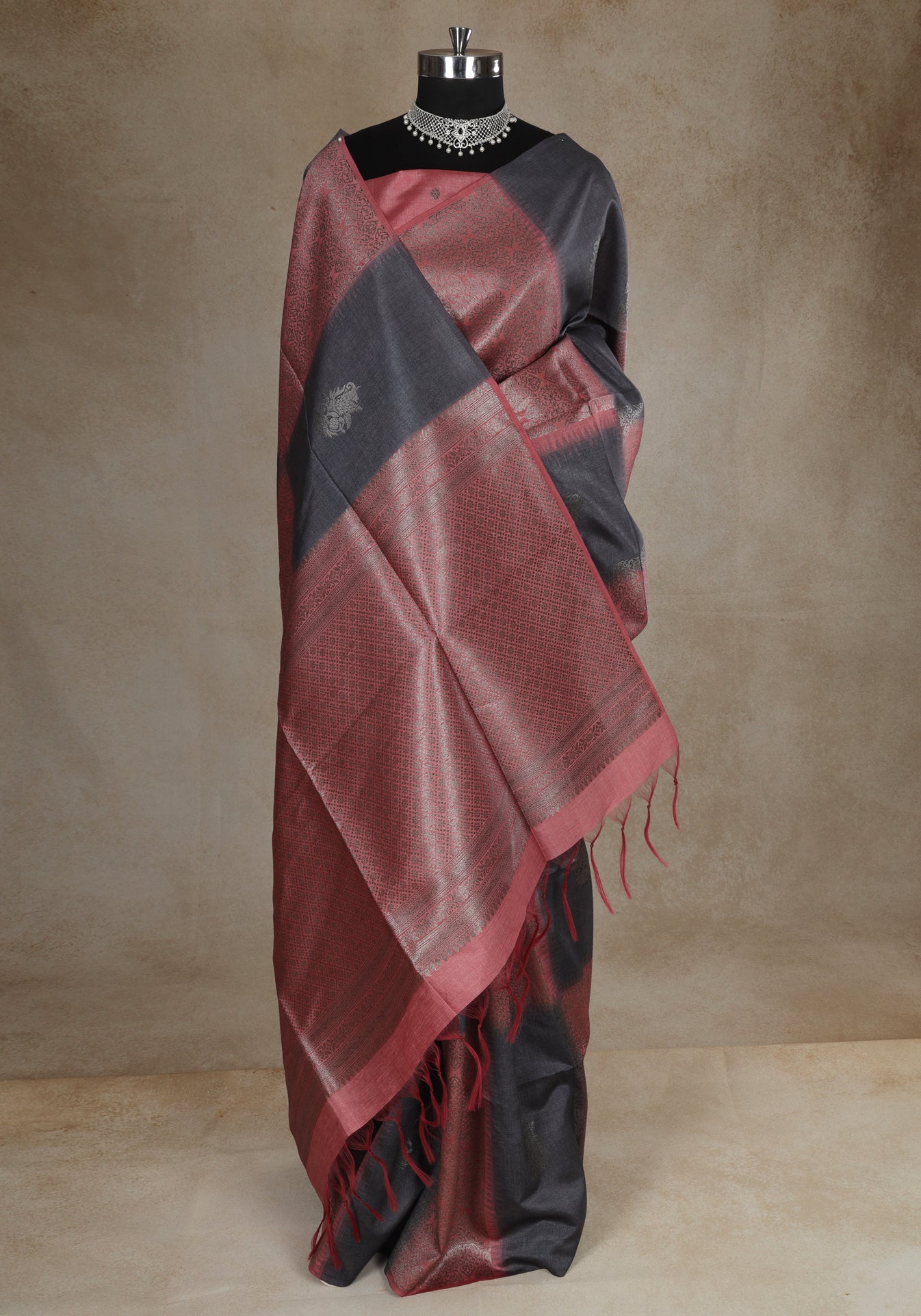 Tussar Silk Saree Striped Charcoal Grey Rose Gold