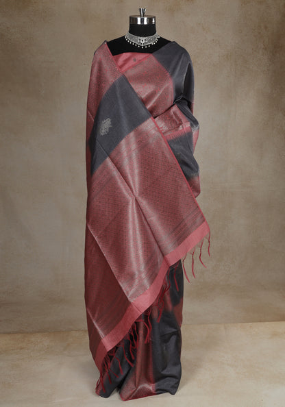 Tussar Silk Saree Striped Charcoal Grey Rose Gold