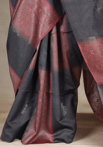 Tussar Silk Saree Striped Charcoal Grey Rose Gold