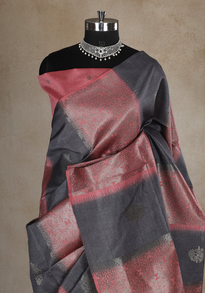 Tussar Silk Saree Striped Charcoal Grey Rose Gold