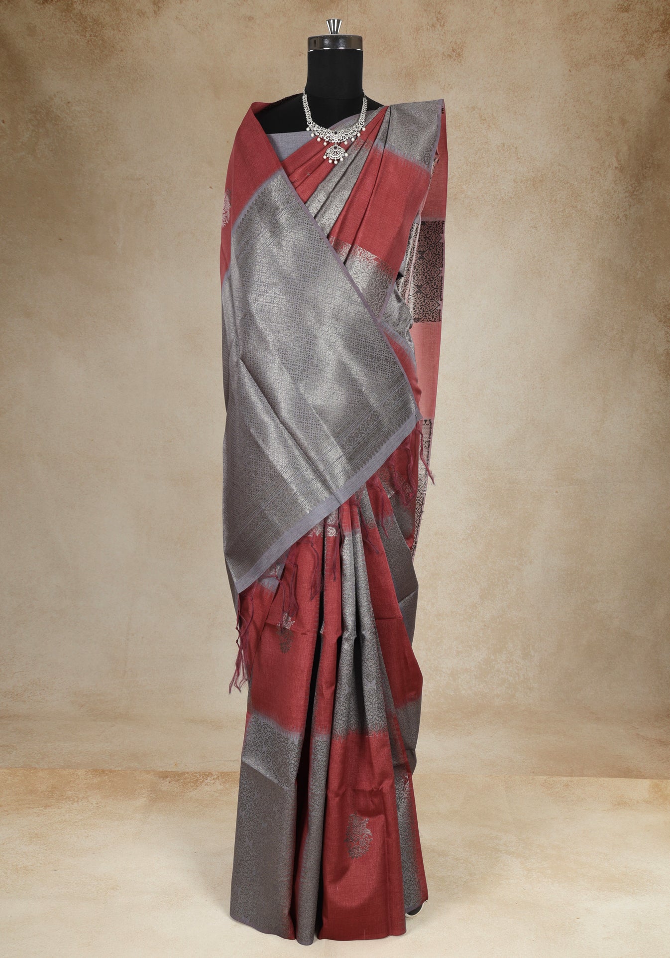 Tussar Silk Saree Striped Red Silver Grey