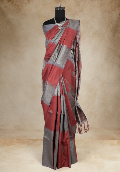 Tussar Silk Saree Striped Red Silver Grey