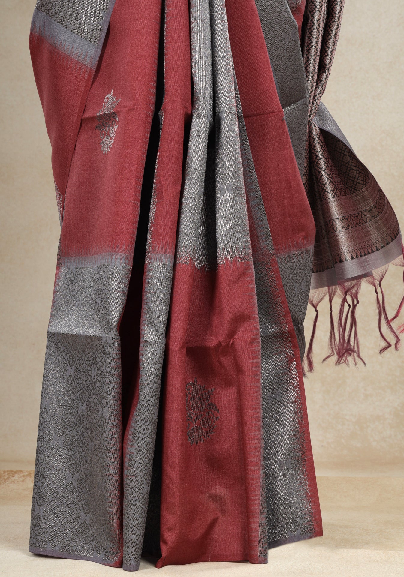 Tussar Silk Saree Striped Red Silver Grey
