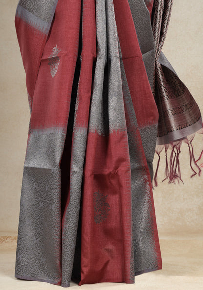 Tussar Silk Saree Striped Red Silver Grey