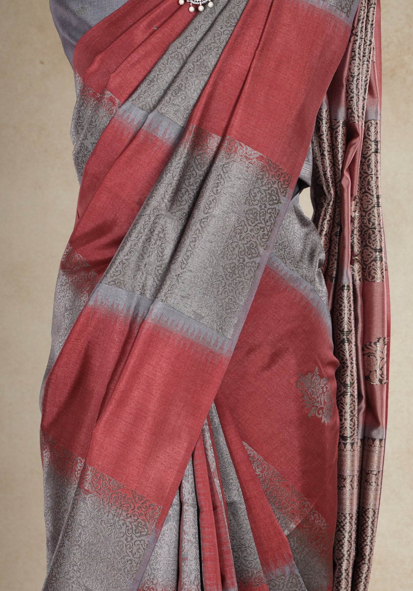 Tussar Silk Saree Striped Red Silver Grey