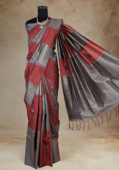 Tussar Silk Saree Striped Red Silver Grey