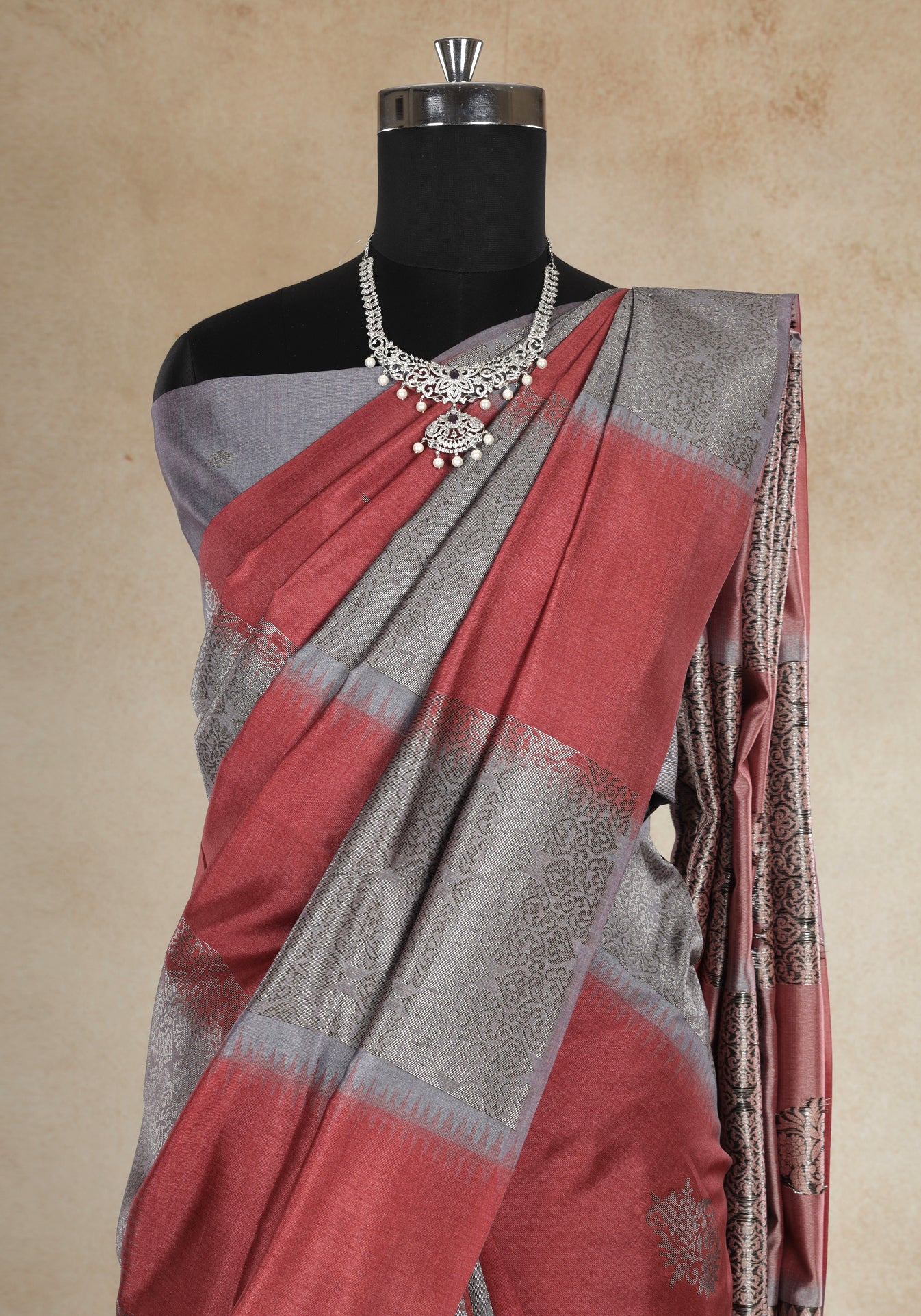 Tussar Silk Saree Striped Red Silver Grey