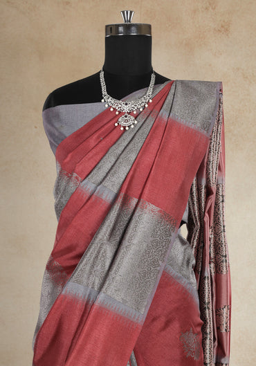 Tussar Silk Saree Striped Red Silver Grey