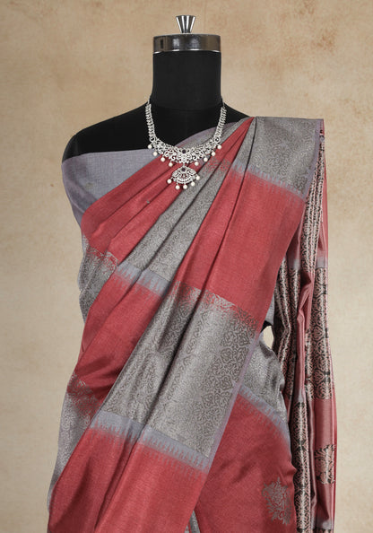 Tussar Silk Saree Striped Red Silver Grey