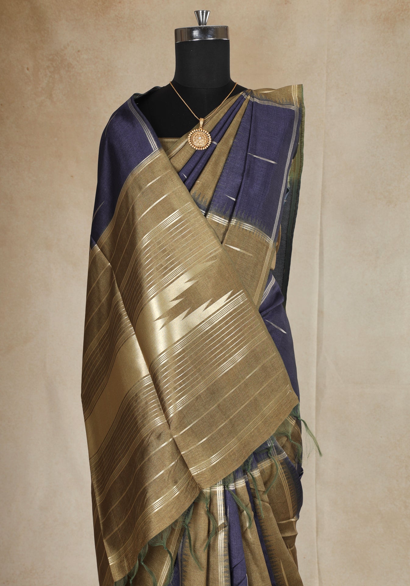 Tussar Silk Saree Striped Navy Blue Antique Gold