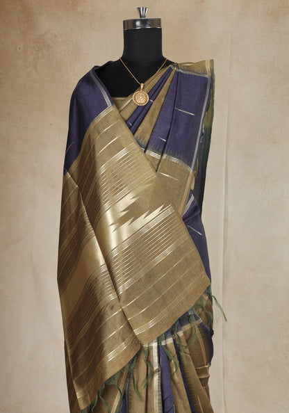 Tussar Silk Saree Striped Navy Blue Antique Gold