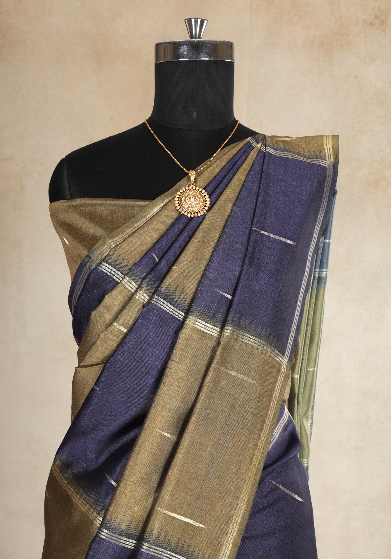 Tussar Silk Saree Striped Navy Blue Antique Gold