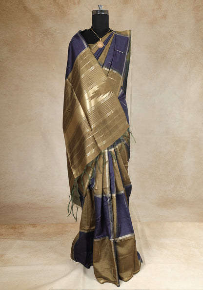Tussar Silk Saree Striped Navy Blue Antique Gold