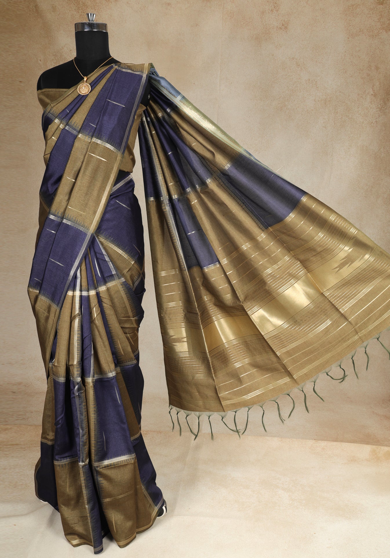 Tussar Silk Saree Striped Navy Blue Antique Gold
