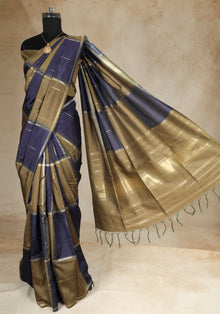 Tussar Silk Saree Striped Navy Blue Antique Gold