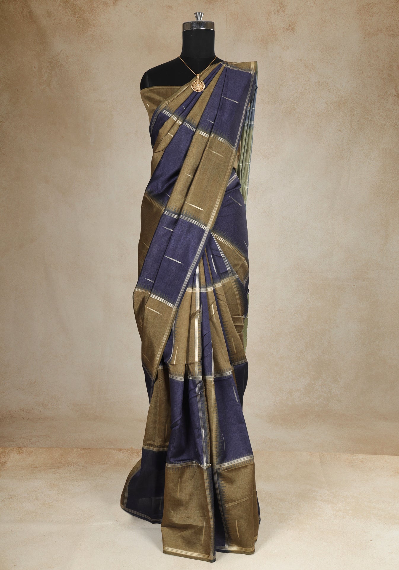Tussar Silk Saree Striped Navy Blue Antique Gold