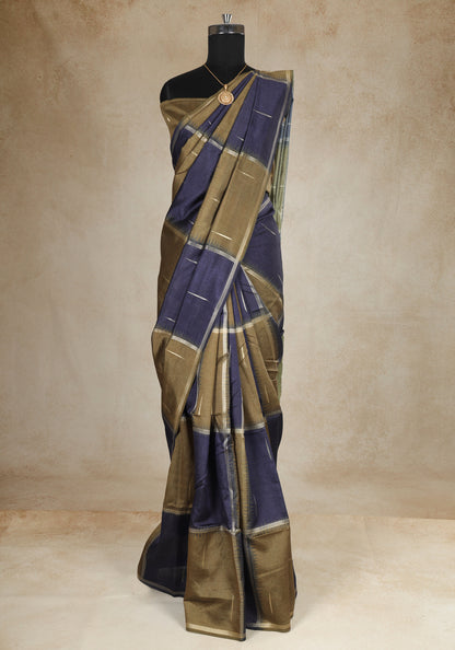 Tussar Silk Saree Striped Navy Blue Antique Gold
