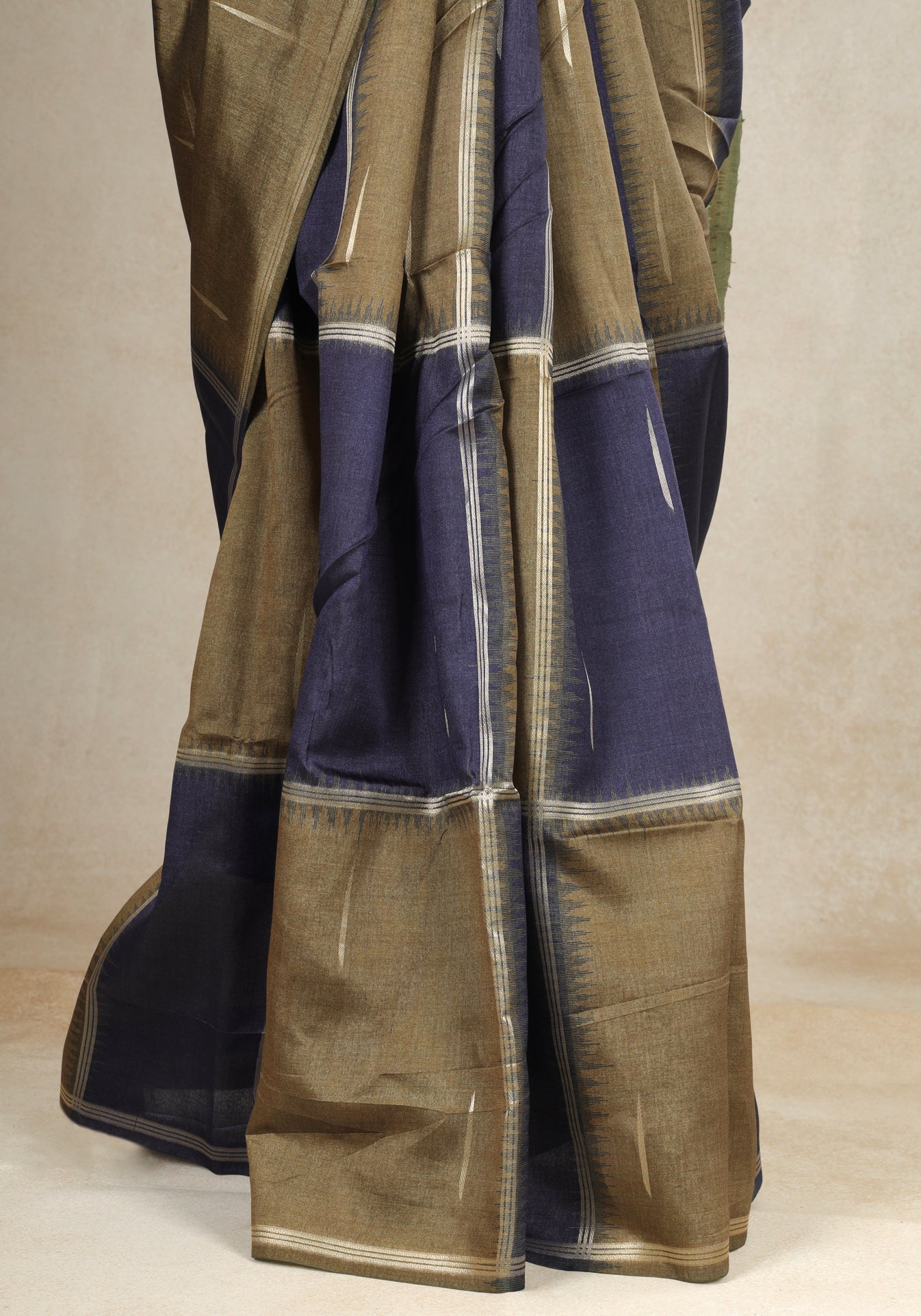 Tussar Silk Saree Striped Navy Blue Antique Gold