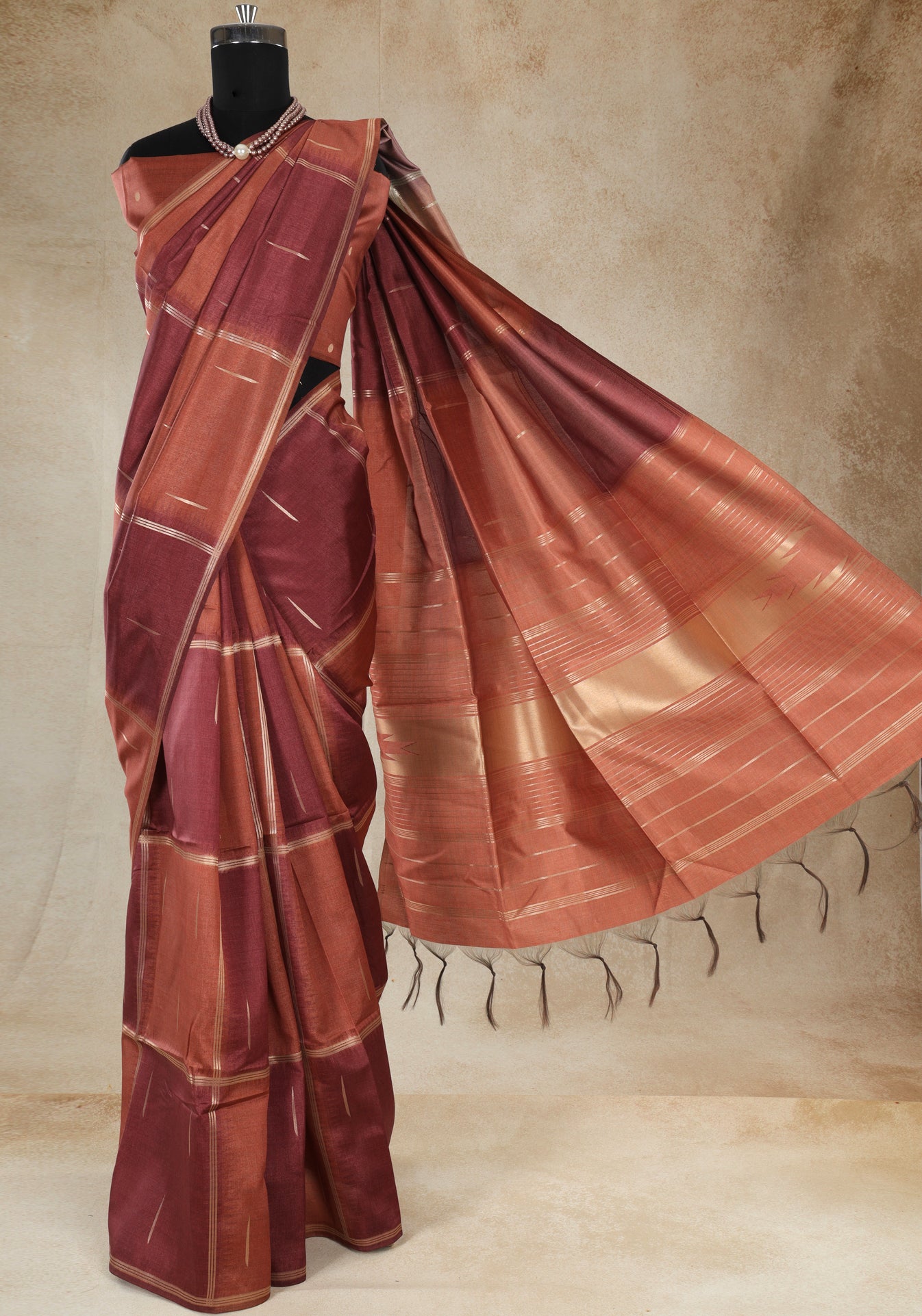 Tussar Silk Saree Striped Rust Copper Maroon