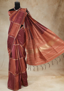 Tussar Silk Saree Striped Rust Copper Maroon