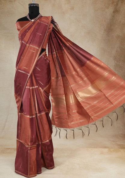 Tussar Silk Saree Striped Rust Copper Maroon