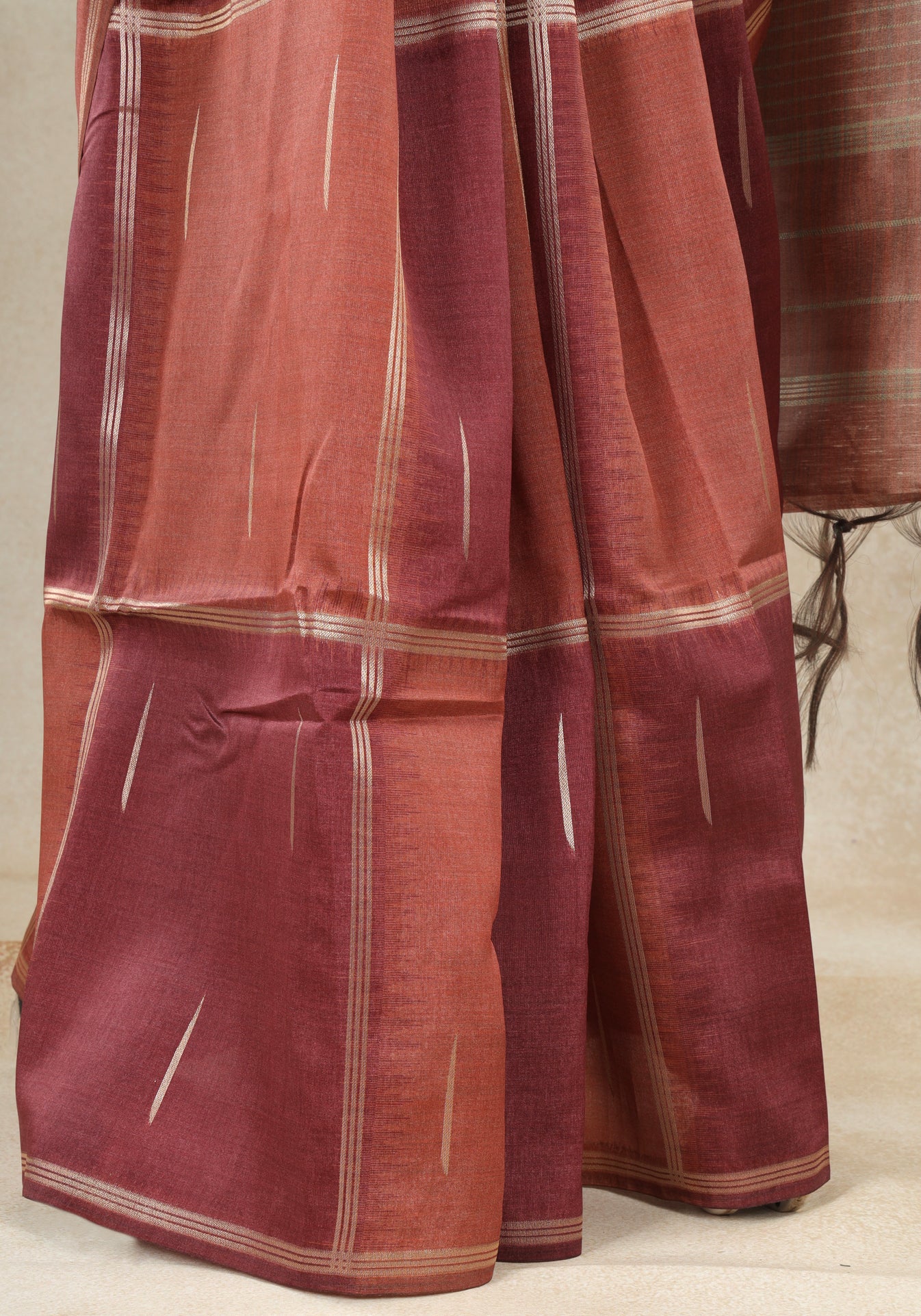Tussar Silk Saree Striped Rust Copper Maroon