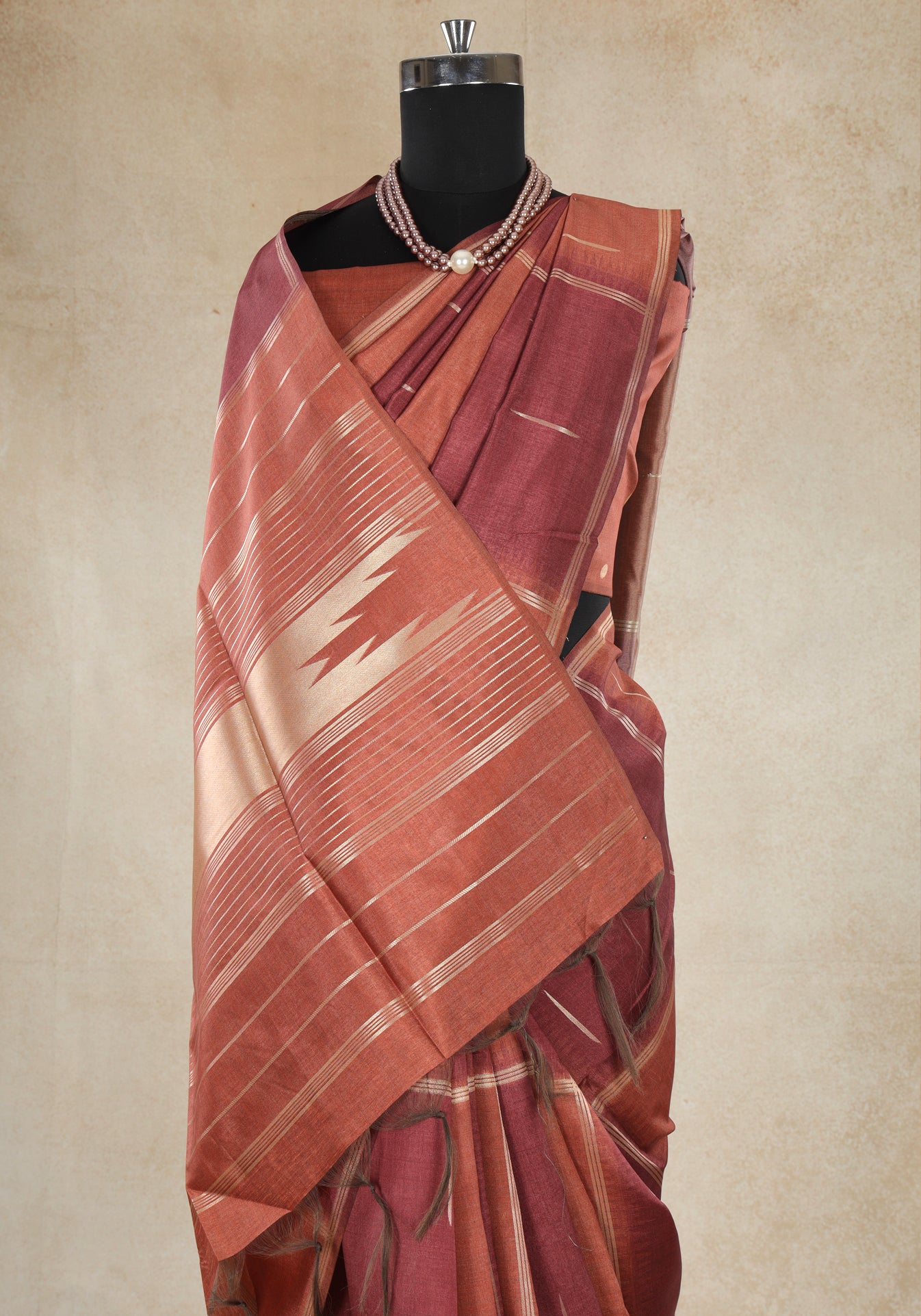 Tussar Silk Saree Striped Rust Copper Maroon