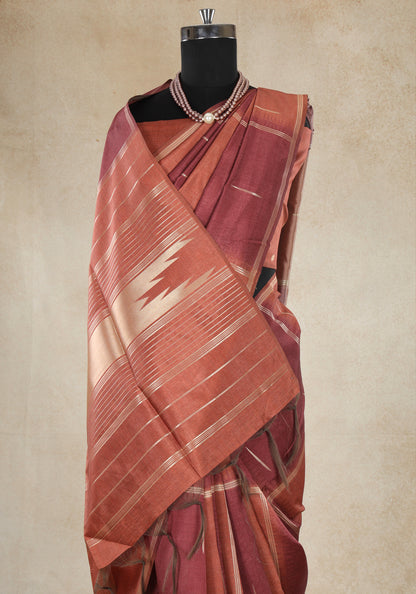 Tussar Silk Saree Striped Rust Copper Maroon