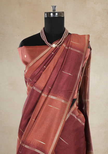 Tussar Silk Saree Striped Rust Copper Maroon