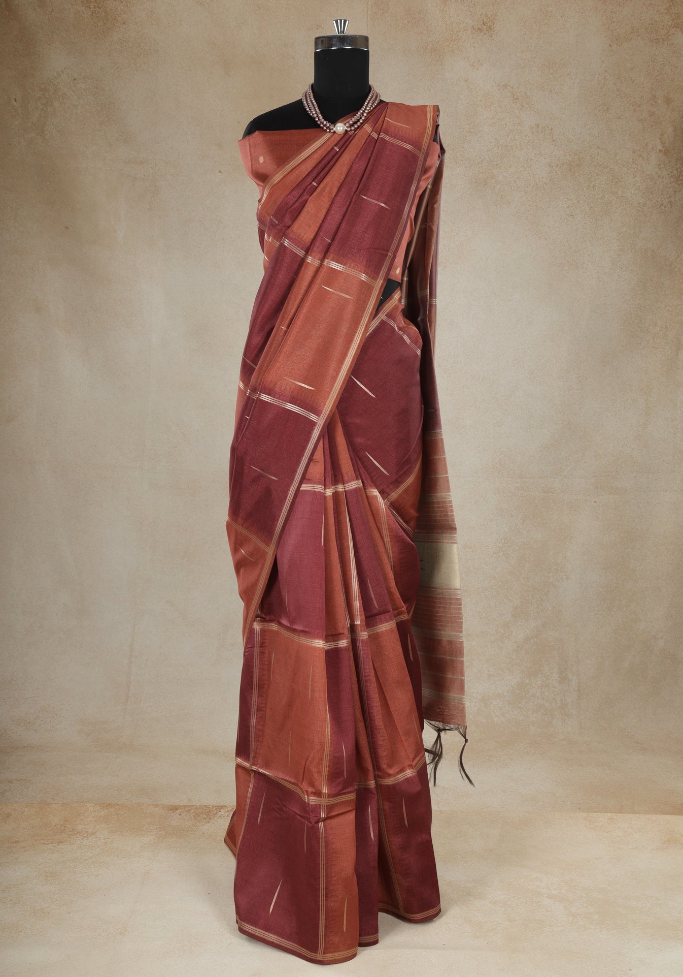 Tussar Silk Saree Striped Rust Copper Maroon