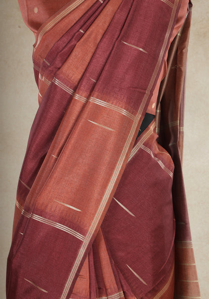 Tussar Silk Saree Striped Rust Copper Maroon