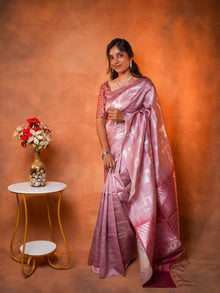 Tissue Silk Saree Rose Pink Silver Ikat