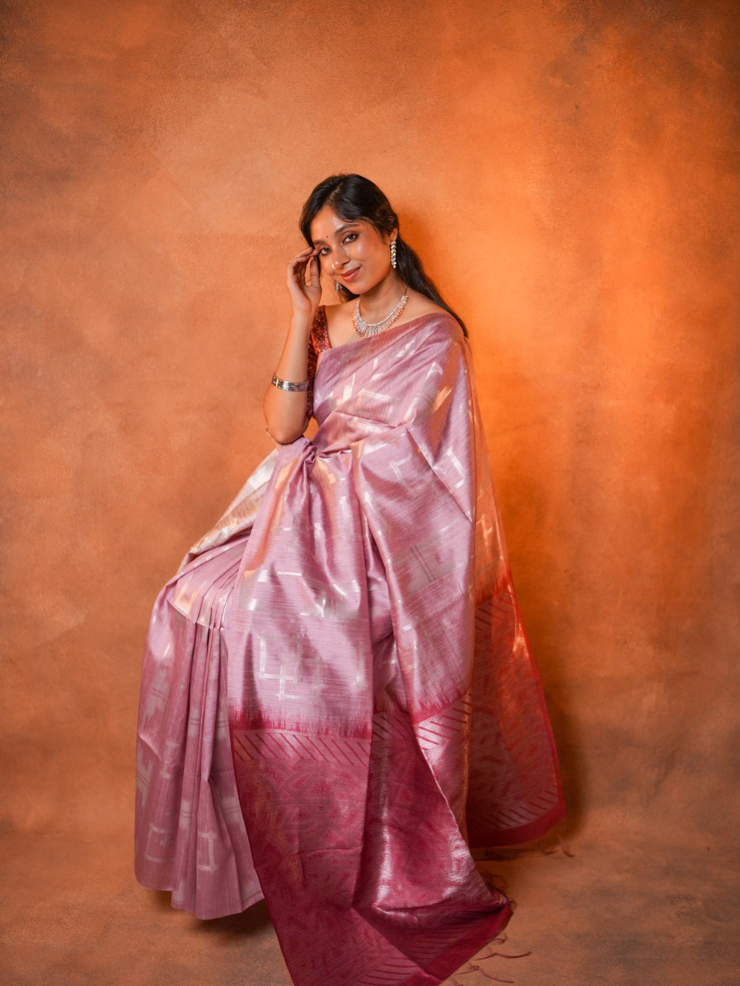 Tissue Silk Saree Rose Pink Silver Ikat - TSS-1-1001 - view 12