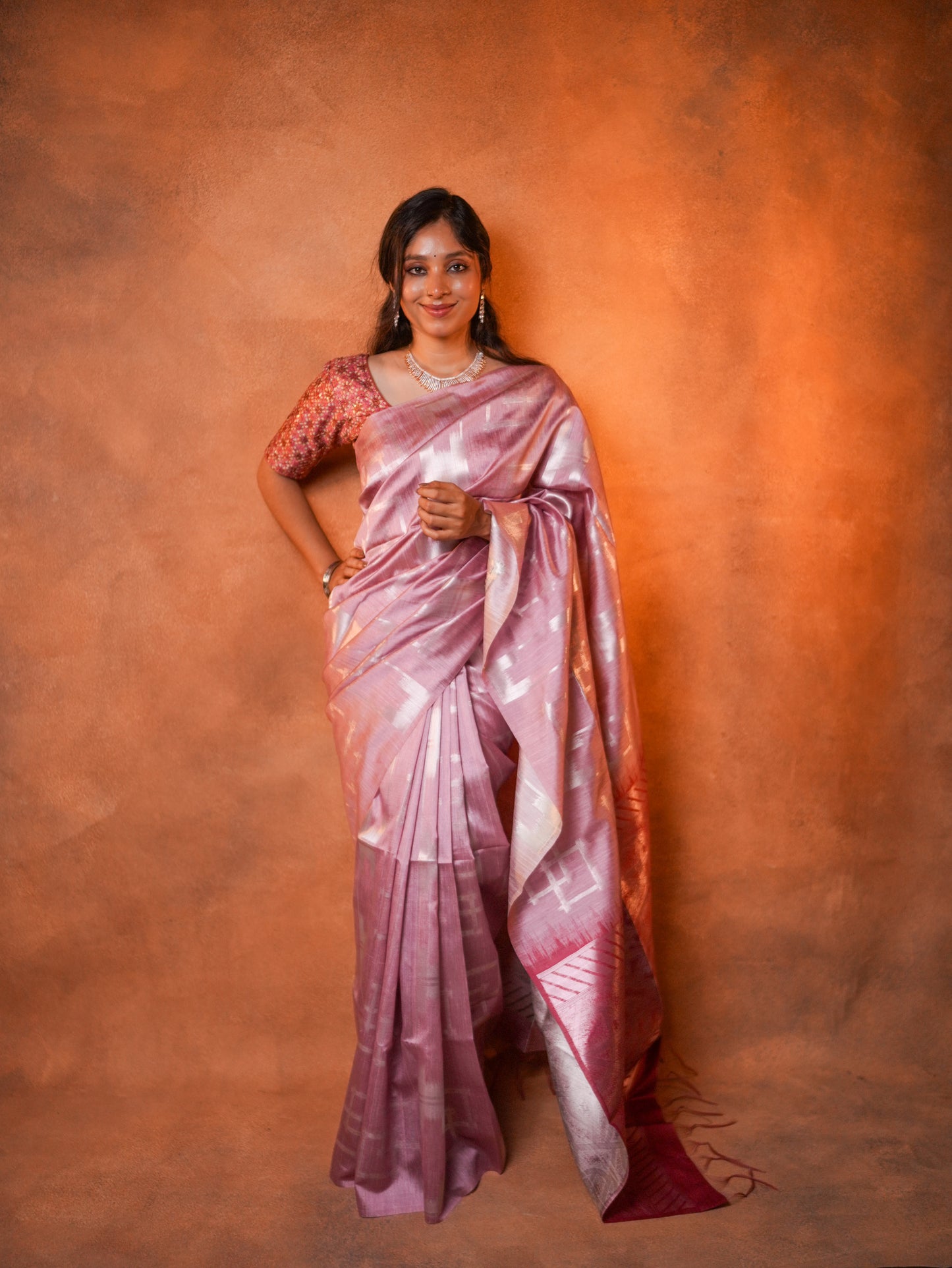 Tissue Silk Saree Rose Pink Silver Ikat - TSS-1-1001 - view 2