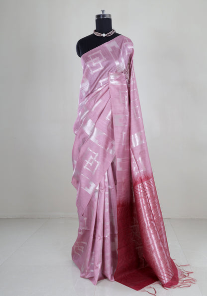 Tissue Silk Saree Rose Pink Silver Ikat