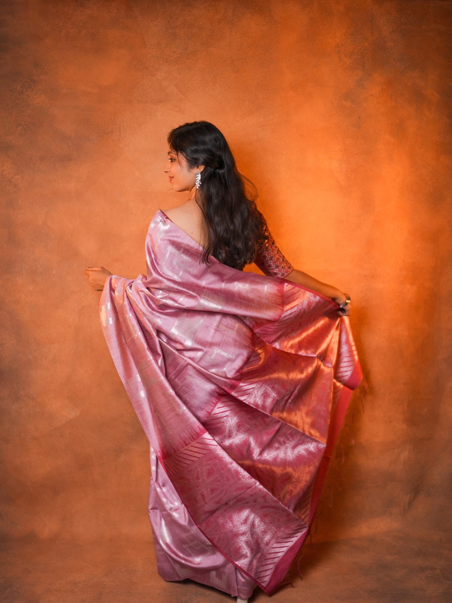 Tissue Silk Saree Rose Pink Silver Ikat - TSS-1-1001 - view 5