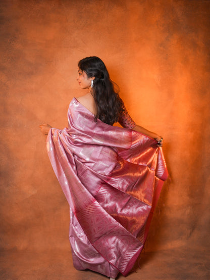 Tissue Silk Saree Rose Pink Silver Ikat - TSS-1-1001 - view 5