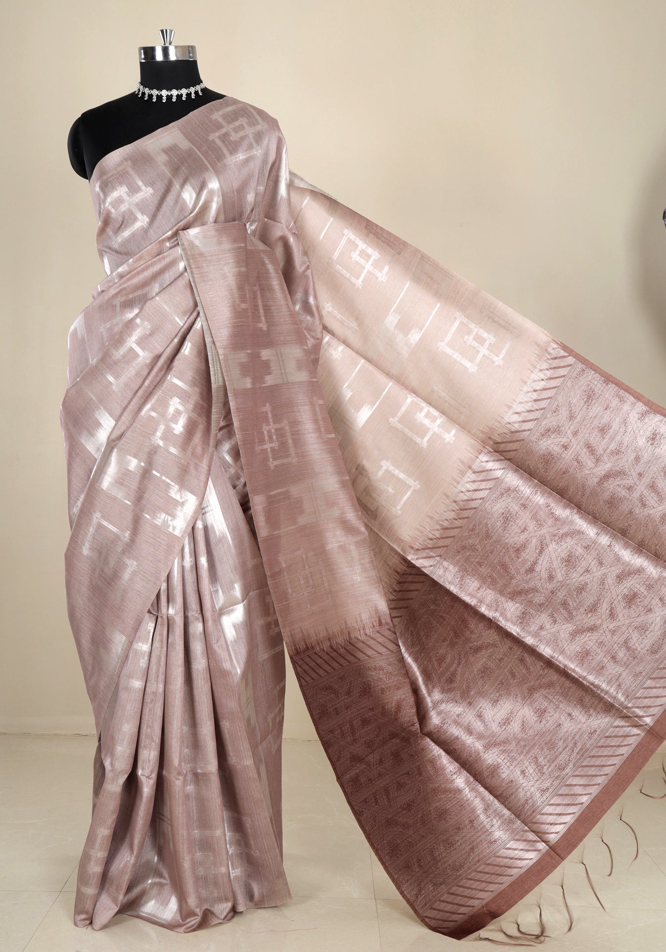Tissue Silk Saree Champagne Beige Silver Geometric