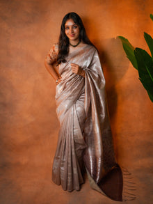 Tissue Silk Saree Champagne Beige Silver Geometric