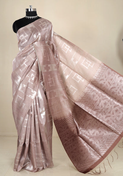 Tissue Silk Saree Champagne Beige Silver Geometric