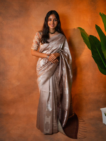 Tissue Silk Saree Champagne Beige Silver Geometric - TSS-1-1003 - view 2