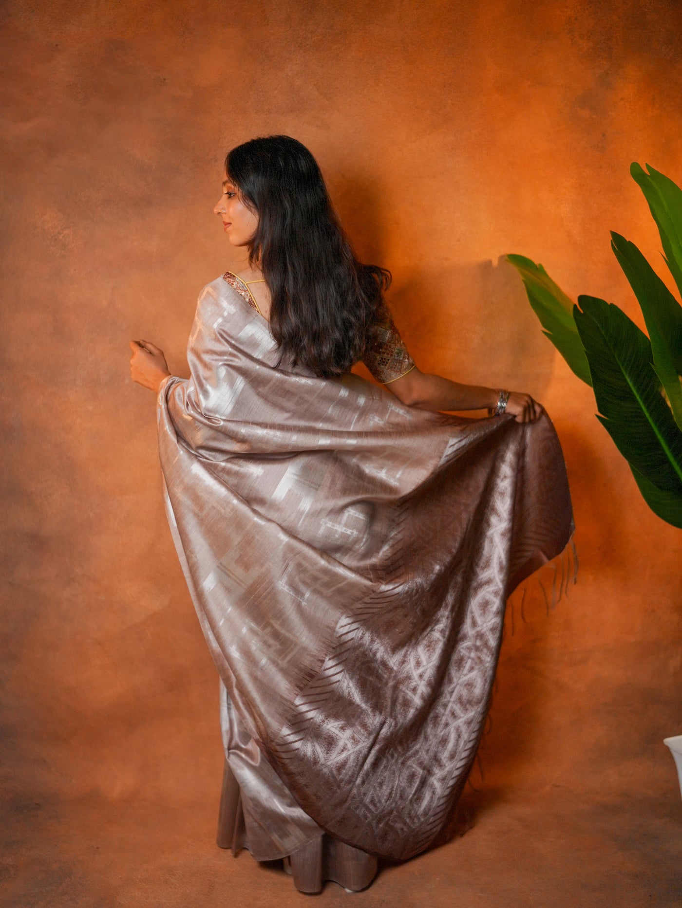 Tissue Silk Saree Champagne Beige Silver Geometric - TSS-1-1003 - view 3