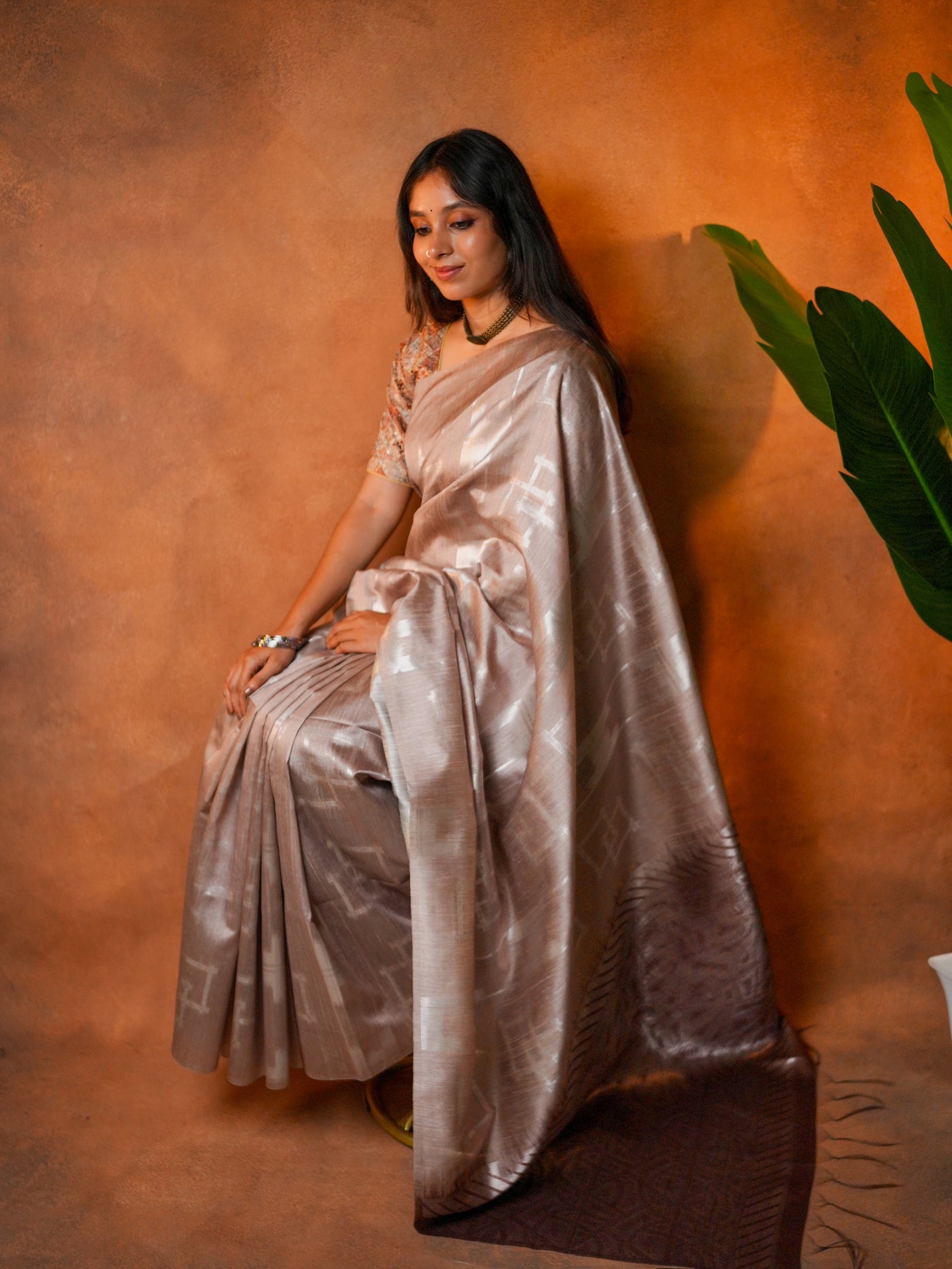 Tissue Silk Saree Champagne Beige Silver Geometric - TSS-1-1003 - view 4